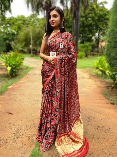 Excited to share the latest addition to my #etsy shop: Pure Hand block Print Modal Silk Ajrakh Saree with Zari Pallu, Handwoven, Organic Colors, Attractive and Modern Outlook https://etsy.me/3RukxMb #geometric #yes #no #blockprint #ajrakhsaree #modalsilksaree #ajrakh Modal Silk Ajrakh Saree, Parsi Gara Embroidery, Gara Embroidery, Organza Silk Saree, Sarees For Women, Organic Colors, Hand Block Print, Silk Saree, Block Print