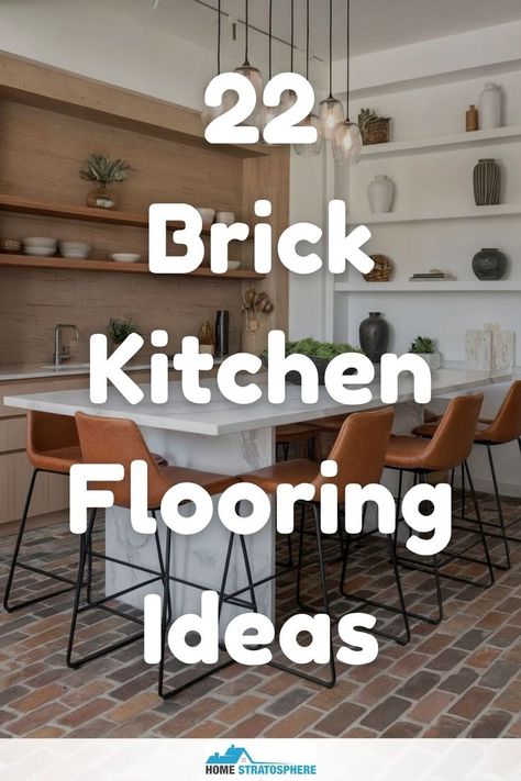 A modern kitchen with light shelves and a classic brick kitchen floor, providing a warm and inviting space. Interior Brick Floor Ideas, Red Brick Vinyl Flooring, Brick Paver Mudroom Floor, Indoor Pavers Brick Flooring, Tile That Looks Like Brick Floor Kitchen, Brick Pantry Floor, Herringbone Brick Flooring, Painted Brick Floors Kitchen, Chicago Brick Flooring