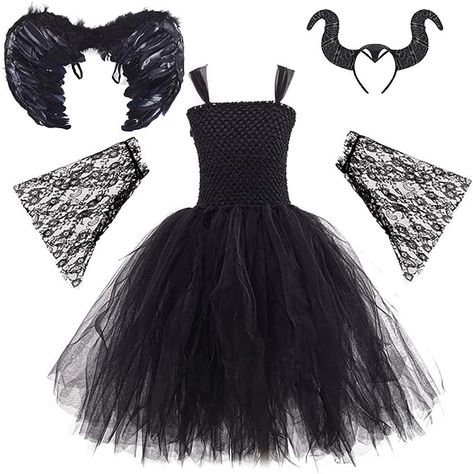 IBAKOM Kids Girls Witch Costume Devil Evil Queen Halloween Cosplay Fancy Dress Horn Headband Feather Wing Cloak Outfits Maleficent Cosplay, Witch Clothes, Feather Shawl, Toddler Fancy Dress, Demon Queen, Birthday Tutu Dress, Tulle Tutu Dress, Fancy Dress Up, Queen Costume