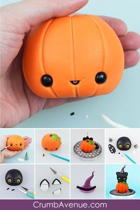 Cake Cat, Kawaii Pumpkin, Pumpkin Topper, Make Step By Step, Cake Decorating Fondant, Crea Fimo, Cat Cake Topper, Polymer Clay Halloween, Halloween Cake Topper