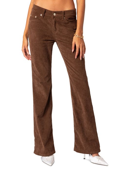 Classy corduroy brings a cool-weather-ready look to these low-rise bootcut pants. 100% polyester Machine wash, dry flat Imported Corduroy Bootcut Pants, Fall Dressing, Fall Color Trend, Brown Flares, Hooded Wool Coat, Pants Corduroy, Suede Pants, Bootcut Pants, Denim Maxi Skirt