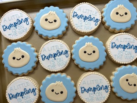 Dumpling Cookies, Little Dumpling Birthday Party, Dumpling Gender Reveal, Dumpling First Birthday, Dim Sum Baby Shower Theme, Dumpling Theme Baby Shower Ideas, Dumpling Baby Shower Theme, Dumpling Birthday, Dim Sum Party