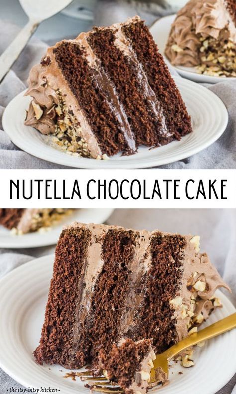 Chocolate Nutella cake! With super soft, moist homemade chocolate cake layers, rich Nutella ganache filling, and lots of Nutella buttercream frosting, this cake is the ultimate decadent dessert. It's perfect cake recipe for birthdays and special occasions! Hazelnut Filling For Cakes, Summer Chocolate Cake, Nutella Filling For Cake, Chocolate Nutella Cake, Nutella Buttercream Frosting, Chocolate Filling For Cake, Nutella Recipes Cake, Chocolate Cake Layers, Nutella Ganache