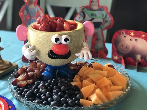 Potato Head Birthday Party, Toy Story Fruit Tray, Mr Potato Head Birthday Party, Toy Story Snack Table, Toy Story 1st Birthday Party Table, Mr Potato Head Fruit Bowl, Mr Potato Head Party, Toy Story Birthday Snack Table, Toy Story Party Kids Table