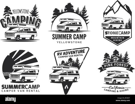 Download this stock vector: Set of monochrome camper van car logo, emblems and badges isolated on white background. Recreational vehicle and camping design elements. - JFCM37 from Alamy's library of millions of high resolution stock photos, illustrations and vectors. Camper Logo, Camping Design, Adventure Campers, Van Car, Logo Project, Vans Logo, Car Logo, Vintage Typography, Recreational Vehicle