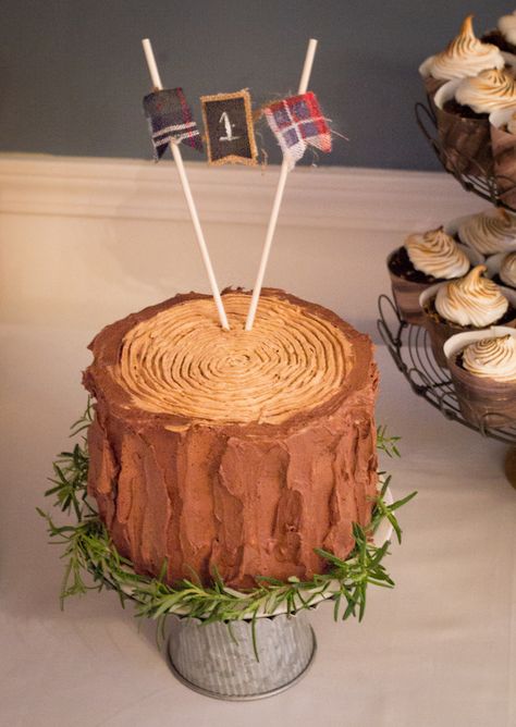 Lumberjack themed first birthday party - tree stump smash cake Lumberjack First Birthday Cake Smash, Log Smash Cake 1st Birthdays, Tree Stump Smash Cake, Tree Smash Cake, Happy Camper Smash Cake, One Happy Camper Smash Cake, Camping Birthday Party Cake, Tree Stump Cake, Lumberjack Cake