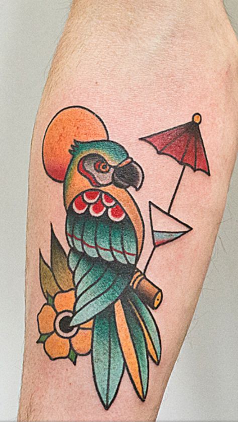 I like the idea of this with a palm tree too Belize Tattoo, Concept Tattoo, Parrot Tattoo, Tiki Tattoo, Black Bird Tattoo, Anker Tattoo, Bird Tattoo, Tropical Bird