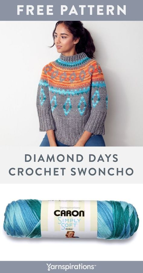 Free crochet pattern using Caron Simply Soft yarn. Free Diamond Days Crochet Swoncho pattern. The gorgeous colorwork on this crochet swoncho is a true delight to both make and wear.  #yarnspirations #freecrochetpattern #crochetsweater #crochetswoncho #yokesweater #caron #caronyarn #caronsimplysoft Crochet Swoncho, Crochet Jersey, Caron Yarn, Crochet Stitches Guide, Crochet Jumper, Caron Simply Soft, Crochet Sweaters, Fashion Crochet, Sweater Crochet