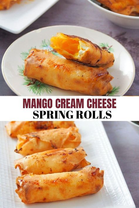 Mango and Cream Cheese Turon is a delicious twist on our classic lumpia dessert. Perfectly sweet, crispy, and creamy, it's a tasty fruit treat that's sure to be a hit! Mango Cream Cheese Dessert, Spring Roll Dessert Recipes, Phillipino Desserts, Dessert Lumpia, Rambutan Recipe, Turon Recipe, Thai Desert, Pinoy Merienda, Phillipino Food