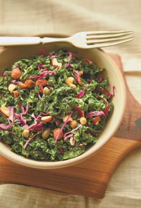 Creamy Kale Salad with Capers and Hazelnuts - Joy of Kosher Passover Salad, Creamy Kale Salad, Salad With Capers, Creamy Kale, Seder Meal, Red Cabbage Salad, Satisfying Salads, Passover Recipes, Cabbage Salad