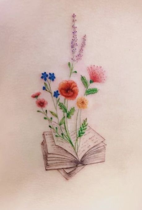 Matching Garden Tattoos, Book And Flower Tattoo Ideas, Book And Flowers Tattoo, Book Flower Tattoo Ideas, Flower Book Tattoo, Book Garden Tattoo, Blooming Book Tattoo, Books Flowers Tattoo, Tattoo Book With Flowers