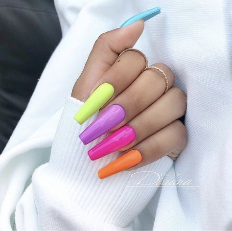 Multicolored Nails, Colorful Nail Art, Nail Art Designs Summer, Coffin Nails Long, Rainbow Nails, Summer Nails Colors, Neon Nails, Coffin Nails Designs, Nail Art Summer