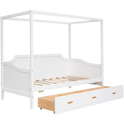 This bed with large drawers is a better choice for those who want to update their bedroom. The simple yet modern design brings a modern appeal to the whole of your bedroom. Its minimalist structure, filled with neutrals, is fully in line with the modern aesthetic, bringing a special and unique style to your home. If you want to upgrade your bedroom or rest in a comfortable environment, don't miss the opportunity to bring this bed home. Color: White | Red Barrel Studio® Twin Daybed Wood in White Canopy Daybed, Wood Canopy Bed, Daybed Canopy, Daybed With Drawers, Canopy Bed Frame, Wood Canopy, Wooden Canopy, Daybed With Storage, Daybed With Trundle