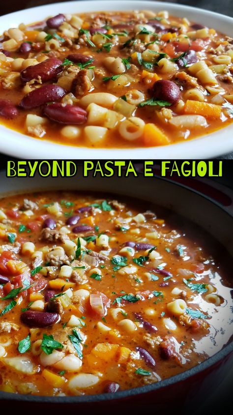 Mmmm remember Pasta e Fagioli from Olive Garden? With plant-based ground meat & Beyond Hot Italian Sausages, veganizing this traditional dish is simple without sacrificing anything. So yum. Beyond Italian Sausage Recipes, Plant Based Sausage Meals, Beyond Sausage Recipes, Beyond Sausage, Italian Sausages, Plant Based Soups, Italian Sausage Recipes, Vegan Parmesan Cheese, Veg Food