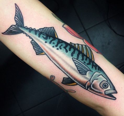 Mackerel by Dane Mancini Swordfish Tattoo, Art Vandelay, Tropical Tattoos, Traditional Sailor Tattoos, Fishing Tattoos, Ocean Sleeve, Tropical Tattoo, Lizard Tattoo, Mackerel Fish