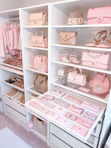 Organized Wardrobe Aesthetic, Bag Collection Closet Aesthetic, Vanity Closet Ideas, Pink Purses, Princess Stuff, Pink Closet, Dream Closet Design, Perfume Organization, Beauty Room Decor