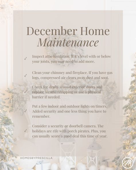 So far, it’s you: 1  Winter: 0 Keep the score in your favor all winter long with 5 December home maintenance tips: - Inspect attic insulation. If it’s level with or below your joists, you may need to add more. - Clean your chimney and fireplace. If you have gas logs, compressed air clears away dust and soot. - Check for drafts around exterior doors and replace weatherstripping or use a physical barrier if needed.  - Put a few indoor and outdoor lights on timers. Added security and one less th December Checklist, Real Estate Marketing Quotes, Home Maintenance Tips, Real Estate Marketing Plan, Real Estate Marketing Strategy, Real Estate Memes, Realtor Social Media, Home Maintenance Checklist, Real Estate Agent Marketing