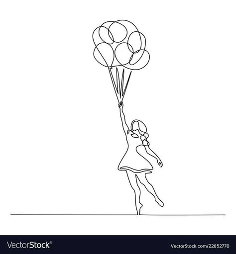 Ballon Drawing Simple, Ballon Drawing, 1 Line Drawing, Flying Drawing, Girl Holding Balloons, Mujeres Tattoo, Fly Drawing, Balloon Tattoo, Balloon Illustration