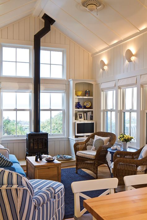 Beach Cottage Style Living Room, Rustic Cottage Interiors, Salons Cottage, Cozy Coastal Cottage, Cozy Beach Cottage, Cottage Style Living Room, Paneled Walls, Maine Cottage, Rustic Home Interiors