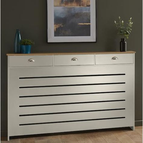 vale-designs-storage-radiator-cover-with-drawers-cream-large-1500-x-960mm Radiator Cover Ideas, Modern Radiator Cover, White Radiator Covers, Narrow Sideboard, Headboard Projects, Hallway Furniture Storage, Radiator Covers, Cabinet Style, Hallway Storage