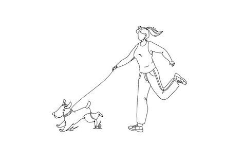 Pet Walking And Running In Park With Girl Black Line Pencil Drawing Vector. Young Woman Walk And Run With Dog Pet Outdoor. Character With Domestic Animal Have Enjoying Leisure Time Together Run With Dog, Girl Vector, Pets Drawing, Drawing Vector, Fun Run, Dog Runs, Wedding Logos, Girl Running, Black Line