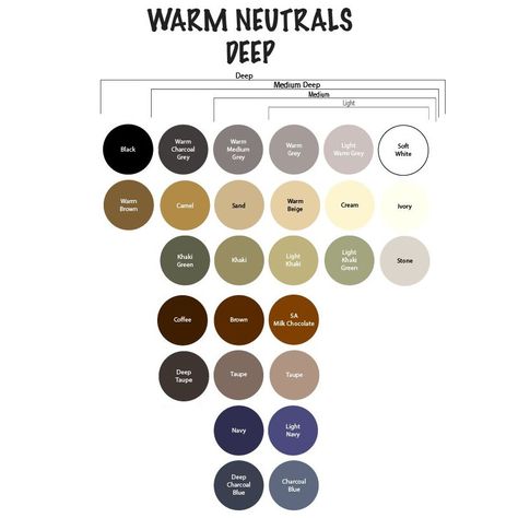 Warm neutrals - deep to light Neutrals For Dark Autumn, Neutral Deep Color Palette, Dark Autumn Neutral Color Palette, Warm Autumn Neutrals, Dark Autumn Neutrals, Deep Winter Neutrals, Warm Spring Neutrals, Warm Undertone Clothes, Deep Autumn Neutrals