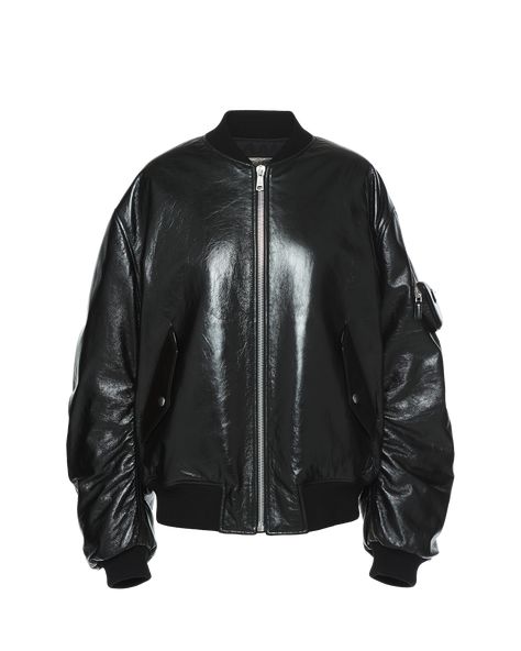 Winter Wishlist, Best Leather Jackets, Prada Leather, Bomber Jackets, Band Collar, Black Leather Jacket, Jacket Women, Metallic Logo, Nappa Leather