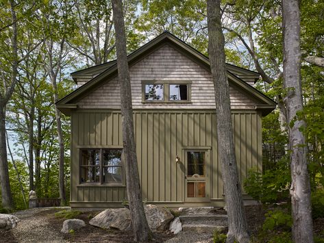 Little Acorn Cottage & Art Studio - Knickerbocker Group Updated Modular Home Exterior, Cabin Extension Ideas, House Room Design, Cottage Names, Board And Batten Exterior, House Decorating Ideas, Wooden Shades, Maine Cottage, Cabin Exterior