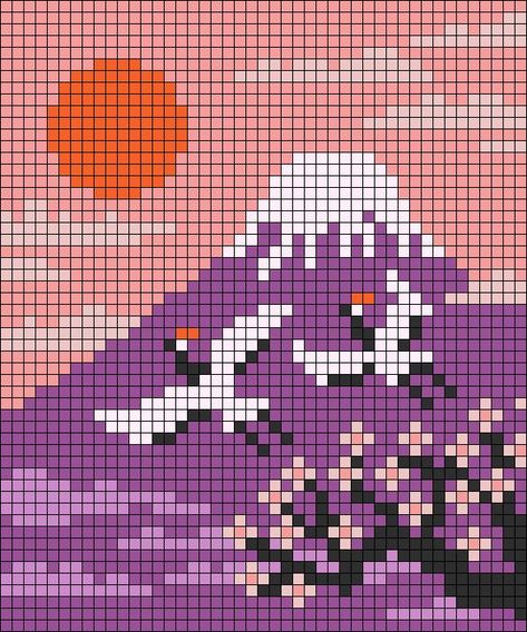 mountain mount fuji fuji cherry blossom flower flowers landscape sakura japan japanese clouds scenery blossom asia fuji yama art Landscape Perler Bead Patterns, Cherry Blossom Alpha Pattern, Fire Alpha Pattern, Pixel Japan, Japan Pixel Art, Japanese Clouds, Clouds Scenery, Square Drawing, Mountain Pattern