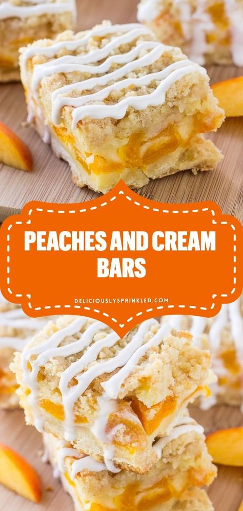 Here's a summer dessert recipe you'll want to have again and again! Finished with the BEST buttery crumble topping, these Peaches and Cream Bars are super addicting. What's not to love about a 4th of July dessert that tastes like a peach cobbler? Blueberry Cheesecake Crumble, Cheesecake Crumble Bars, Peach Cobbler Bars, Peach Cobbler Cheesecake Recipe, Cheesecake Crumble, Easy Bars, Oat Crust, Peach Cheesecake, Peach Dessert Recipes