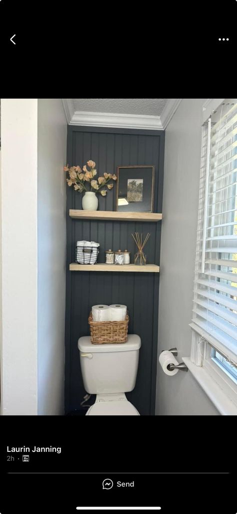 Shelving Behind Toilet, Behind The Toilet Shelves, Shelves Behind Toilet, Behind Toilet, Bath Shelf, Basement Bathroom, Home Deco, Basement, New Homes