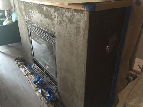 Smooth Concrete Look Fireplace Refinish. Concrete Look Fireplace, Drink Shaker, Bottle Drink, Smooth Concrete, The Crucible, Farmhouse Fireplace, Drywall Screws, Carriage Bolt, Milk Shake