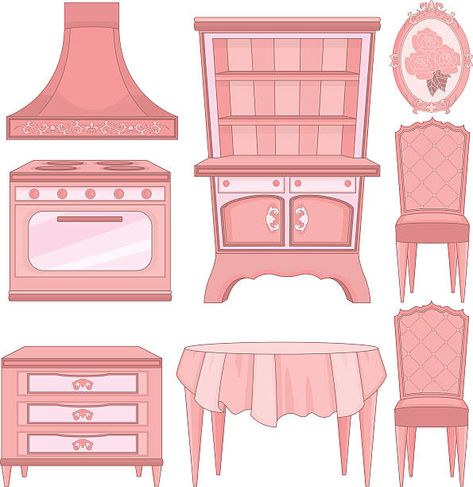 Paper Doll Kitchen Printable, Paper Dolls Kitchen, Paper Doll Kitchen, Paper Doll Furniture, Cabinet Illustration, Royalty Furniture, Cabinet Drawing, Kawaii Furniture, Pink Kitchen Cabinets