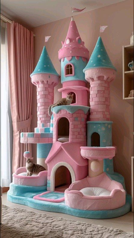 Kitten Play Area, Cats Room Ideas, Princess Cat Bed, Cat Room Design, Cat Playroom, Kitten Area Ideas, Cute Cat House, Cat Playhouse, Cat Bedroom