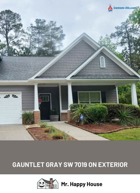 Gauntlet Gray SW 7019 from Sherwin Williams @SherwinWilliams #sherwinwilliams #paintcolors #paintcolor #housepaint #housepainting #exteriorhousepainting #housepaintcolors #gauntletgray Gray Home Exterior, Outside House Paint, Grey Exterior House Colors, Mr Happy, Exterior Gray Paint, Gauntlet Gray, Gray House Exterior, Gray Exterior, White Exterior Houses