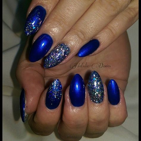 Blue Sparkly Nail Ideas, Blue Glitter Almond Nails, Blue And Silver Nails Acrylic, Royal Blue Prom Nails, Hanukkah Nails, Blue Sparkly Nails, Chunky Glitter Nails, Blue Prom Nails, Blue Chrome Nails