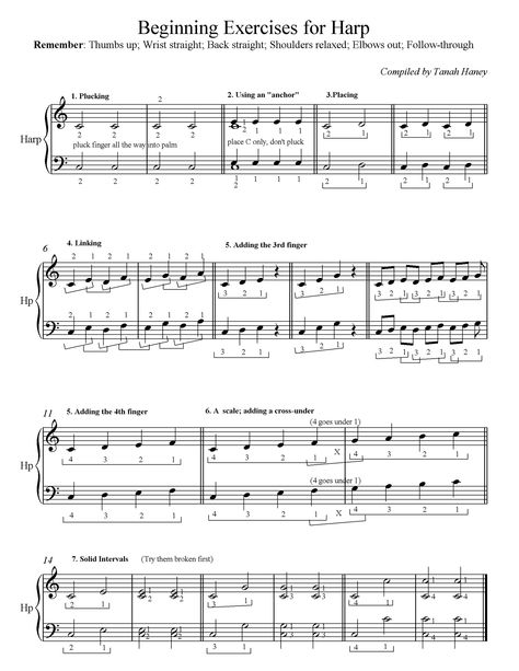 Harp Exercises Thumbnail - Click on picture to get printable version Lyre Harp Chords, Lyre Harp Notes, Lyre Harp Sheet Music, Harp Notes, Harp Art, Harp Sheet Music, Ocarina Music, Warm Up Exercises, Lyre Harp