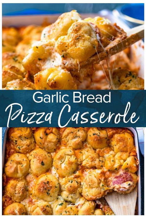 Pizza Casserole is the perfect cheese-filled dish to serve for a fun dinner! This pepperoni pizza casserole recipe is made with layers of cheese, sauce, and pepperonis, then topped with balls of pizza dough and brushed with garlic butter. You're left with a DELICIOUS garlic bread pizza bake that everyone will love! #thecookierookie #pizza #casserole #dinner via @beckygallhardin Pepperoni Pizza Casserole Recipe, Pepperoni Pizza Casserole, Pizza Casserole Recipe, Garlic Bread Pizza, Beef Dinners, Freezable Meals, Fun Dinner, Cookie Rookie, Pizza Casserole