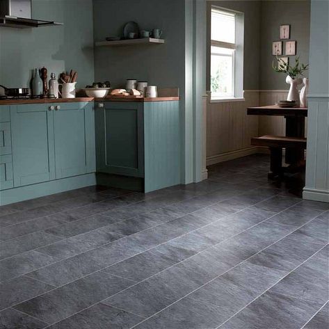 Slate Tile Floor Kitchen, Slate Kitchen Floor, Teal Cupboards, Black Tiles Kitchen, Grey Tile Kitchen Floor, Slate Floor Kitchen, Black Slate Floor, Grey Kitchen Tiles, Black Slate Tiles