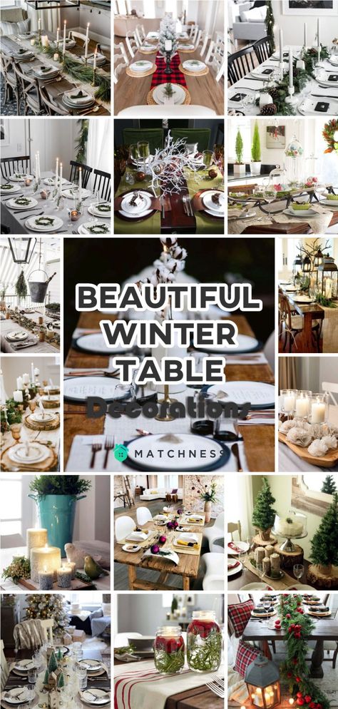 40 Beautiful Winter Table Decorations - Matchness.com Winter Dining Room Table Decor, Winter Dining Table Decor, White Candles Centerpiece, White Table Decorations, Purple Table Settings, Christmas Dining Table Decorations, Winter Table Decorations, Winter Table Setting, Winter Table Decor