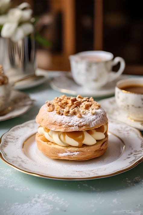 Transport yourself to a Parisian dream with this exquisite Paris-Brest creation. Served on vintage porcelain, it's a taste of French sophistication. Bon appétit! 🥂🗼 #ParisianIndulgence #PastryArtistry #FoodPorn #Dessert #Photography French Bakery Photoshoot, French Bakery Photography, Pastry Photography Styling, Parisian Desserts, Pastries Photography, Patisserie Photography, Georgian Desserts, Pastry Photography, Cafe Desserts