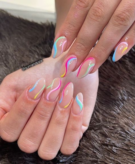 Nail Designs Festival, Rave Nails Almond, Festival Almond Nails, Easy Festival Nails, Neon Pink Almond Nails Design, Festival Nails Simple, Bright Festival Nails, Lollapalooza Nail Ideas, Vacay Nails Summer Almond