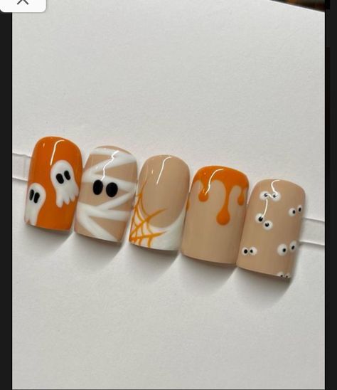 Gel Polish Nail Designs On Natural Nails Halloween, Hollowed Nail Ideas, Cute Nail Designs For Halloween, Spooky Natural Nails, Cute Nails Short Fall, Fall Press On Nails Short, Cute Nail Designs For Short Nails Fall, Halloween Nails Paint, White Nails Ideas Square