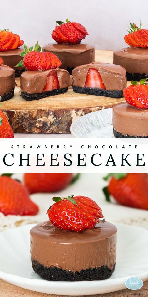 Chocolate strawberry cheesecake. A silky smooth chocolate cheesecake conceals a hidden surprise strawberry middle in these delightful mini no bake cheesecakes! Recipe by movers and bakers Chocolate Strawberry Cheesecake Recipes, Deep Cookies, Strawberry Cheesecake No Bake, Chocolate Covered Strawberry Cheesecake, Mini Strawberry Cheesecake, Chocolate Strawberry Cheesecake, No Bake Chocolate Cheesecake, Strawberry Cheesecake Recipe, Chocolate Cake Recipe Moist