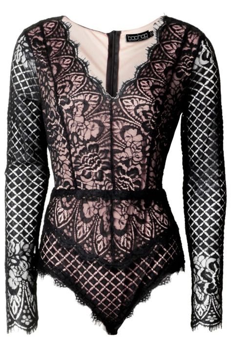 Black And White One Piece, Black Lace Bodysuit, Lace Long Sleeve, Modieuze Outfits, Lace Bodysuit, Long Sleeve Bodysuit, Rompers Women, Long Sleeve Lace, Dress Clothes For Women