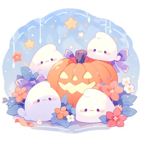 Cute Kawaii Halloween Scene Pumpkin and Ghosts Happy Sticker. Happy Halloween Anime Art, Cute Art Halloween, Kawaii Ghost Drawing, Kawaii Halloween Decor, Cute Pumpkin Art, Halloween Kawaii Wallpaper, Halloween Cute Art, Halloween Cute Drawings, Halloween Cartoon Art