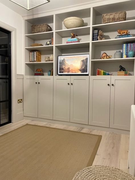 Billy Bookcase With Doors, Billy Hack, Ikea Playroom, Ikea Toy Storage, Billy Oxberg, Billy Ikea, Ikea Built In, Billy Bookcase Hack, Ikea Billy Bookcase Hack