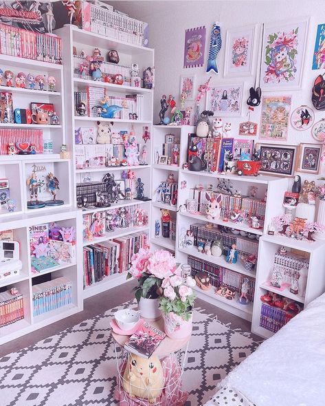 Anime Bedroom Ideas, Kawaii Room Ideas, Bookshelf Aesthetic, Nerd Room, Otaku Room, Gamer Room Decor, Cute Bedroom Ideas, Dekorasi Kamar Tidur, Anime Room