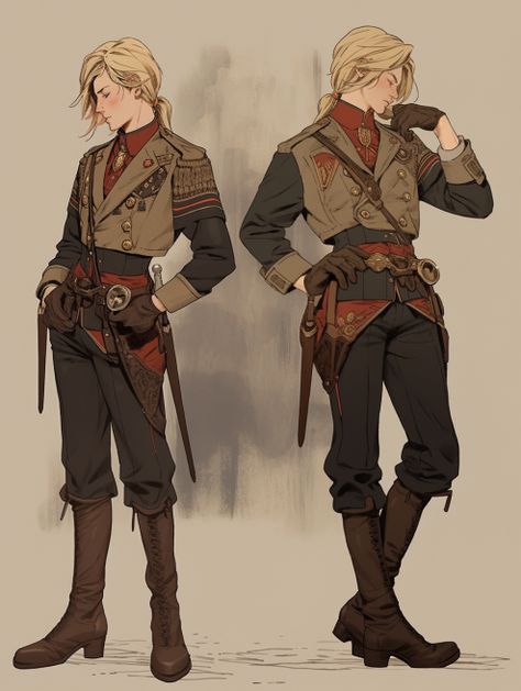 Traveller Clothes Dnd, Artificer Pose Reference, German Fantasy Clothes, Artificer Clothes Dnd, Tailor Concept Art, Dnd Trench Coat Character, Dnd Historian, Traveler Aesthetic Medieval Outfit, Fantasy Merchant Outfit