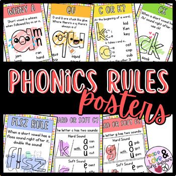 Use these colorful, fun posters to teach spelling/phonics rules and/or to hang up for students' reference in your classroom!  These Science-of-Reading aligned posters can be introduced or revisited throughout the year to help your students find reading and writing success! Phonics Rules Included: -Whiny a-qu-c or k-ck-flsz rule-hard vs soft c-hard vs. soft g Ck Spelling Rule, C And K Rule Poster, Phonics Rules Free Printable, Phonics Rules Teaching, Spelling Rules For Kids, Flsz Rule, Spelling Rules Posters, Reading Tricks, 1st Grade Phonics